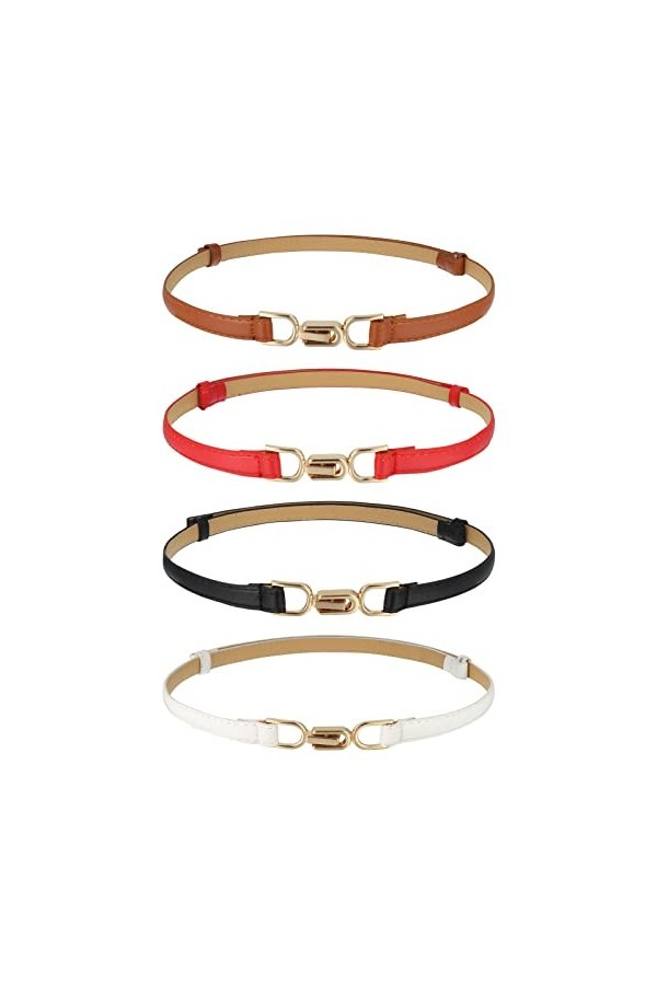 Heyu-Lotus Lot de 4 ceintures fines en cuir synthétique pour femme avec boucle en métal doré pour robe, pantalon, jeans, Noir