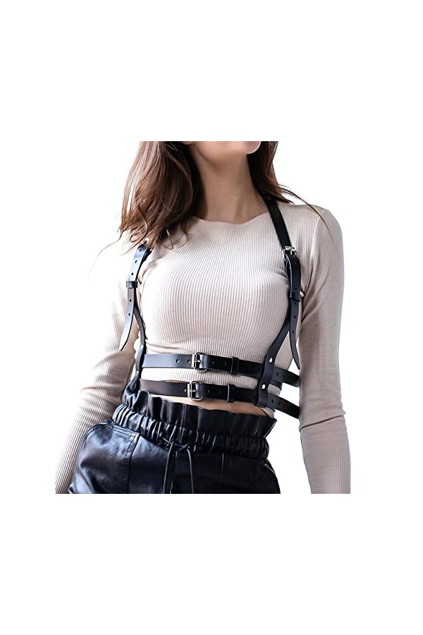 Drglynh Punk Taille Ceinture En Cuir Corps Poitrine ChaîNe Noir Goth Gilet Collier De Corps Punk En Cuir Pour Femme Ceinture 