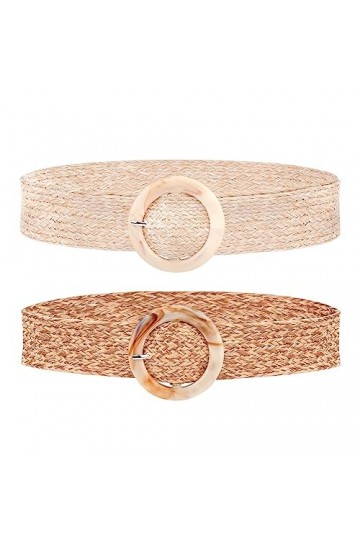 HOLEMZ Ceinture élastique Tissée Ceintures en Paille Vintage Larges Ajustable avec Boucle Rond Beige Marron pour Femme Filles