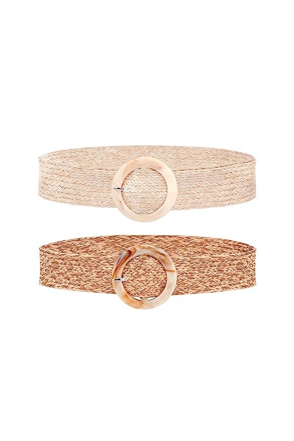 HOLEMZ Ceinture élastique Tissée Ceintures en Paille Vintage Larges Ajustable avec Boucle Rond Beige Marron pour Femme Filles