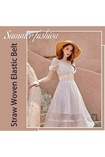 HOLEMZ Ceinture élastique Tissée Ceintures en Paille Vintage Larges Ajustable avec Boucle Rond Beige Marron pour Femme Filles