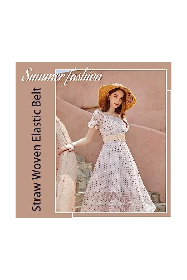 HOLEMZ Ceinture élastique Tissée Ceintures en Paille Vintage Larges Ajustable avec Boucle Rond Beige Marron pour Femme Filles