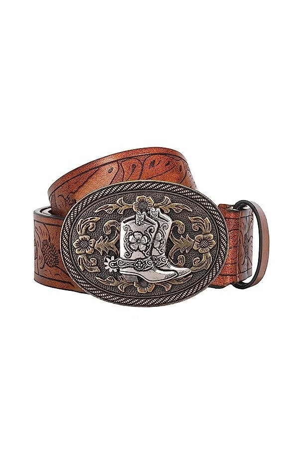 KorhLeoh Ceinture à boucle de cow-boy en cuir occidental pour hommes, femmes, jeans, ceinture à boucle florale gravée avec ch