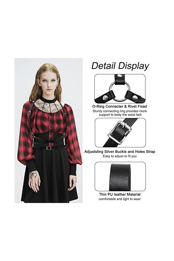 Berkelen Punk Taille Harnais Ceinture en Cuir pour Femmes Filles, Noir Corps Poitrine Chaîne Goth Gilet Ceinture Réglable Bij