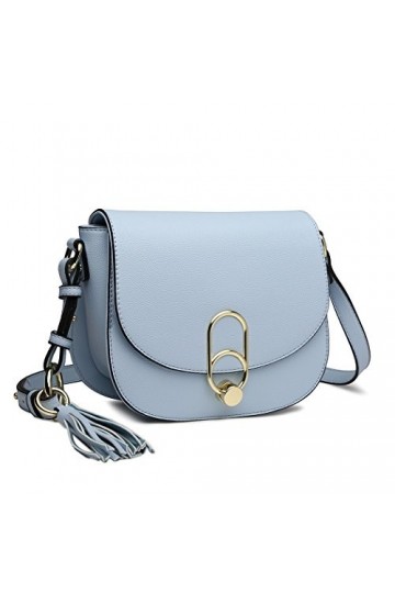 Miss Lulu Handbags Women Fashion Tassel Decoration Zipper Flap Shoulder Cross-Body Saddle Bag with Lock Closure Grey