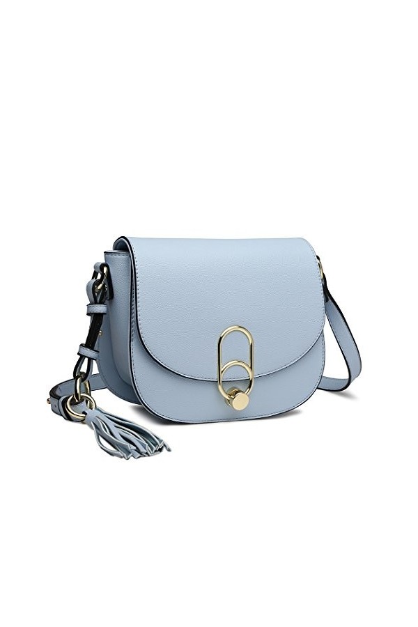 Miss Lulu Handbags Women Fashion Tassel Decoration Zipper Flap Shoulder Cross-Body Saddle Bag with Lock Closure Grey