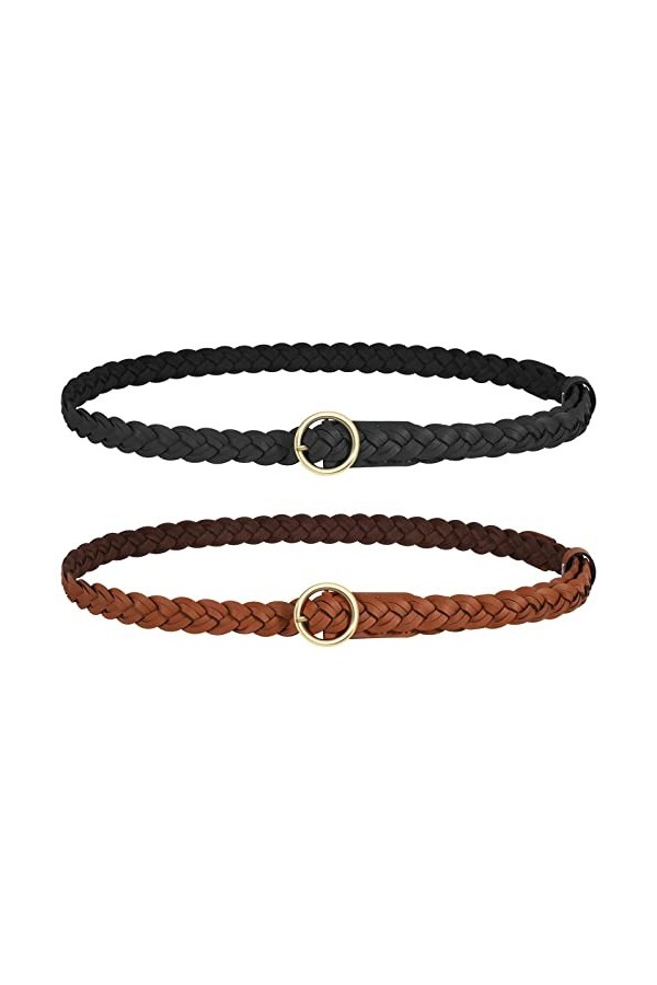 JasGood Ceinture tressée fine en cuir synthétique tressé pour femme, fine ceinture tissée pour jeans, pantalons, robe, A-noir