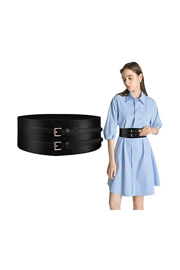 FESSOSKO Ceinture Corset Élastique Vintage Large, Ceinture Large pour Femme PU Cuir Taille Élastique Réglable, Convient pour 