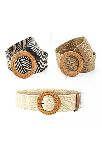 Basetousual Ceinture Paille Femme, Ceinture Tressée Femme, 3 Pièces Ceinture Élastique Tissée en Paille 2000, Boucle Ronde Ti