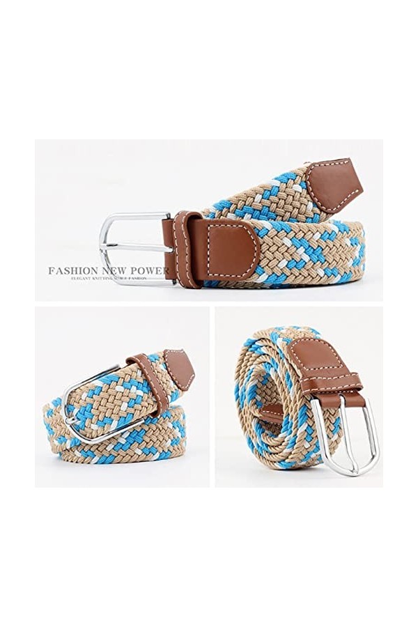 JK Home 115cm Ceinture Elastique Tressée pour Femme Boucle Ceintures Homme Extensible 3.3cm de Large Beige Azur Blanc