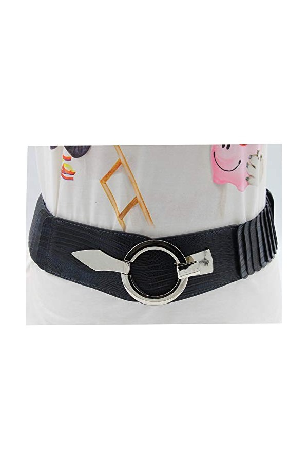 Glamexx24 Ceinture élastique pour femme - 6 cm de large - Avec anneau argenté, Serpent bleu foncé, 85cm Taillenweite 76-108