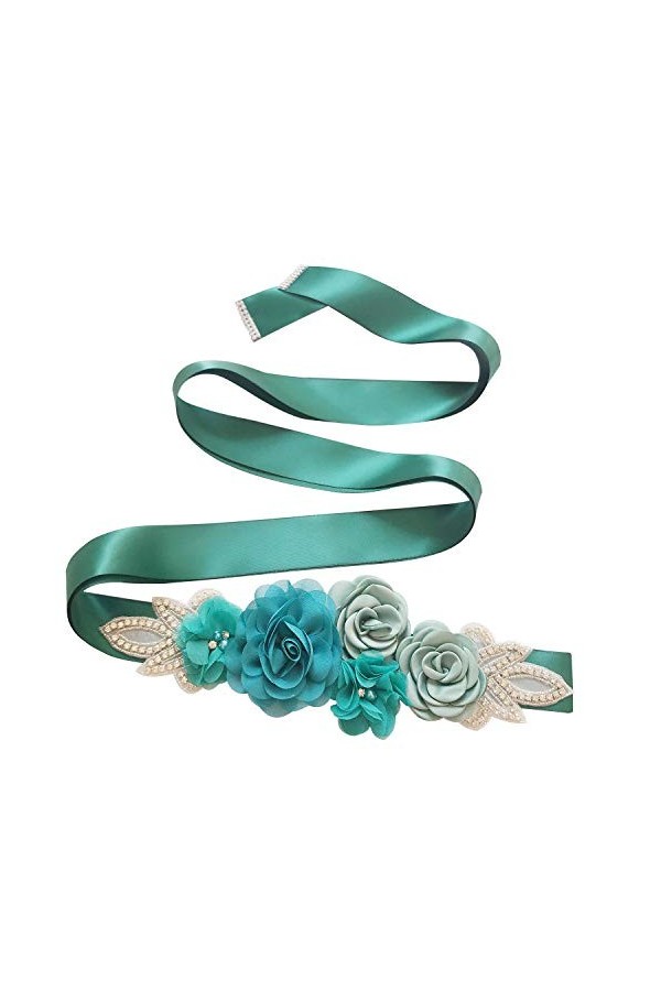 Amervie Ceinture avec fleurs et perles strass pour robe de mariée/fête prénatale, bleu sarcelle, taille unique