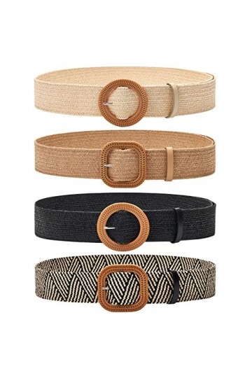 Ceinture élastique en paille tissée avec boucle en bois pour femme, Lot de 4 - Noir/sable/rayures/kaki, taille 84 cm