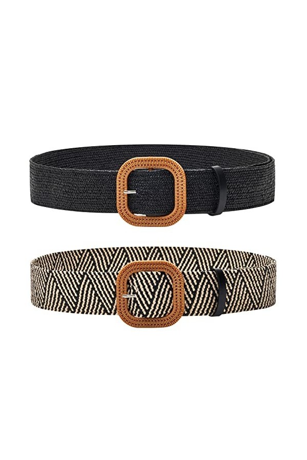 Ceinture élastique en paille tissée avec boucle en bois pour femme, Lot de 4 - Noir/sable/rayures/kaki, taille 84 cm