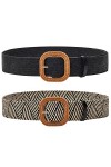 Ceinture élastique en paille tissée avec boucle en bois pour femme, Lot de 4 - Noir/sable/rayures/kaki, taille 84 cm