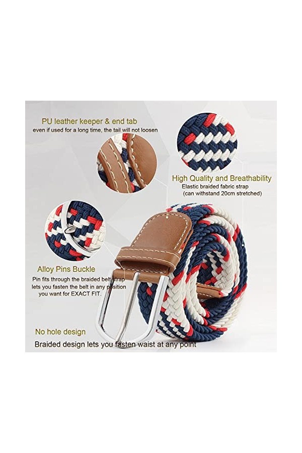 JK Home 125cm Ceinture Elastique Tressée pour Femme Boucle Ceintures Homme Extensible 3.3cm de Large Azur Beige