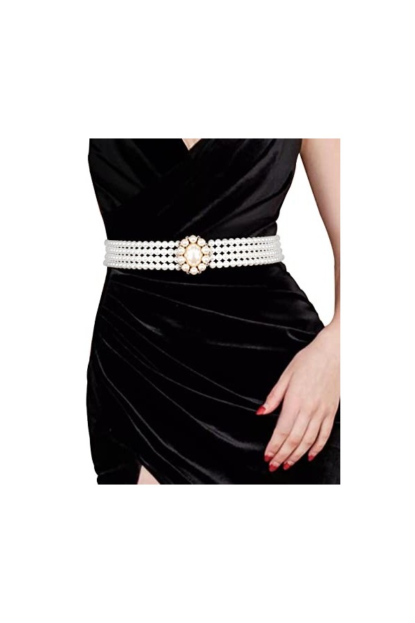 Barry.Wang Ceinture avec perles et strass pour femme Blanc cassé, Blanc cassé, rond, fin, taille unique