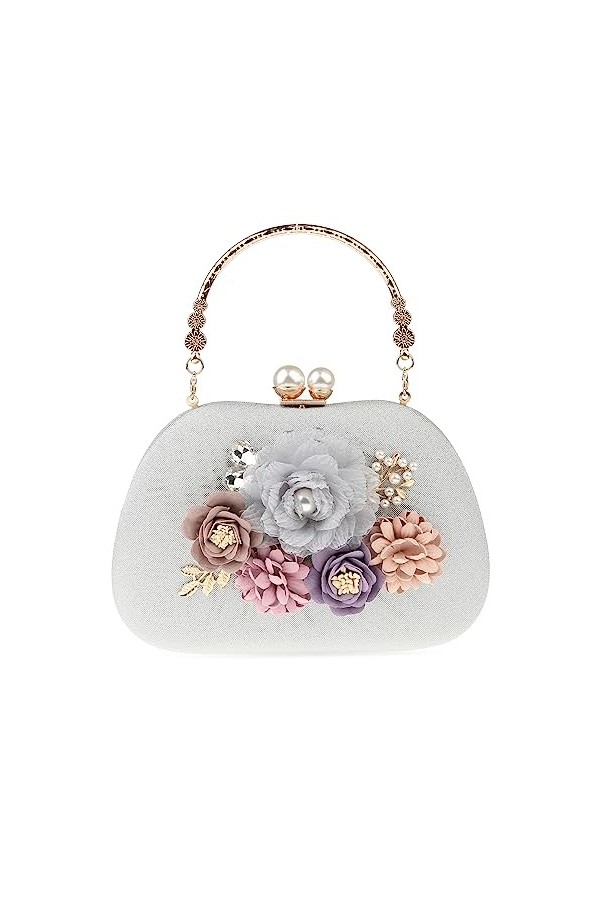 Pochette élégante pour femme - Motif floral - Pour soirée, mariage, Argenté., Taille unique