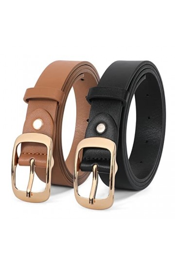 LEACOOLKEY Lot de 2 ceintures en cuir pour femme avec boucle dorée pour jeans, A-noir+marron, L Fit Taille Größe 96cm-106cm
