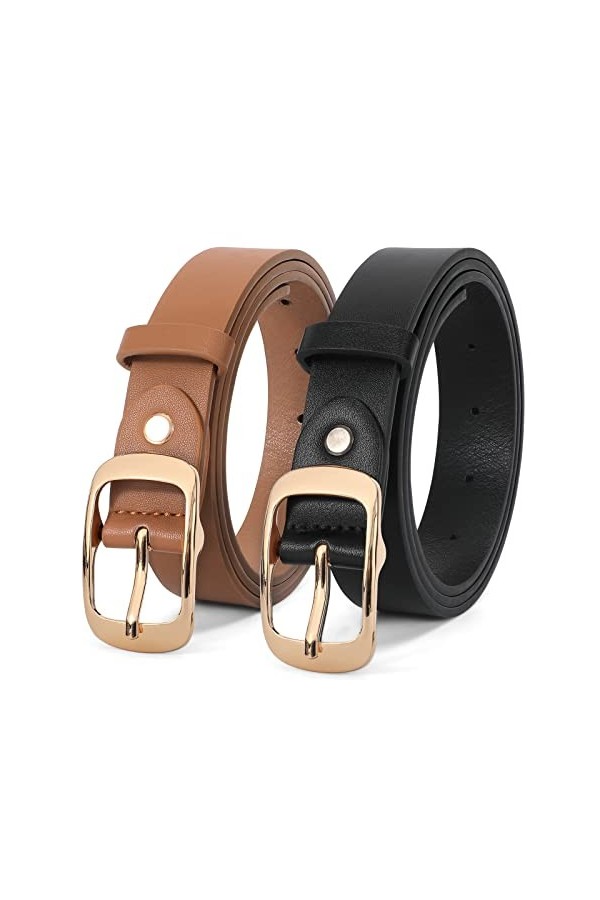LEACOOLKEY Lot de 2 ceintures en cuir pour femme avec boucle dorée pour jeans, A-noir+marron, L Fit Taille Größe 96cm-106cm