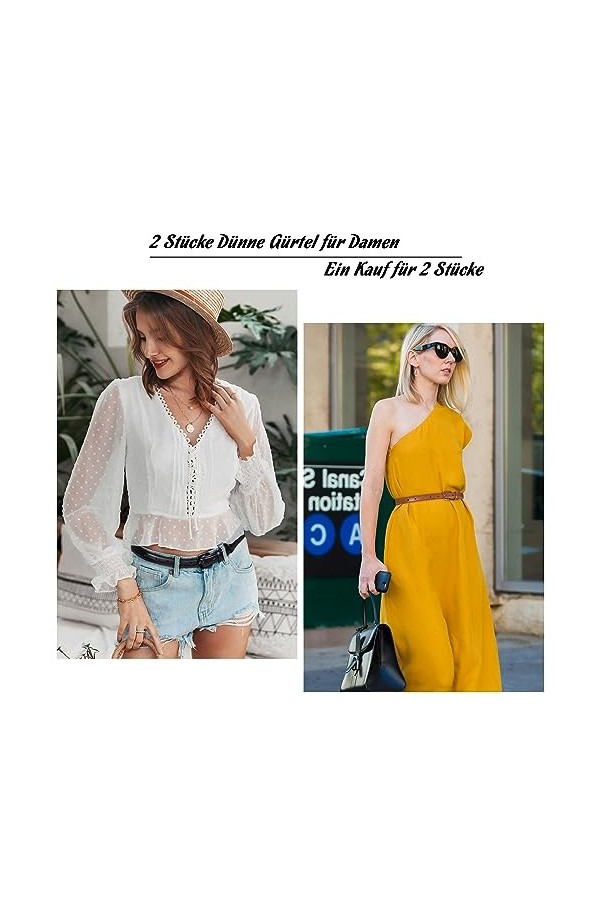 JasGood Lot de 2 ceintures fines en cuir pour femme - Ceinture fine pour jeans, pantalons, robes avec boucle ardillon, 1 noir