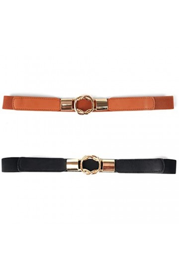 Lot de 2 ceintures élastiques pour femme, taille fine pour robe, manteau, chemisier, marron et noir