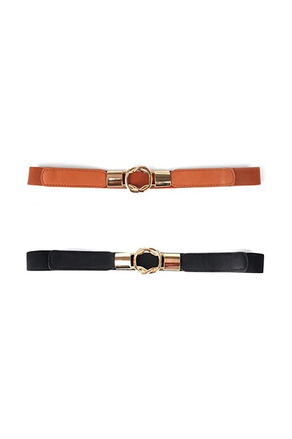 Lot de 2 ceintures élastiques pour femme, taille fine pour robe, manteau, chemisier, marron et noir