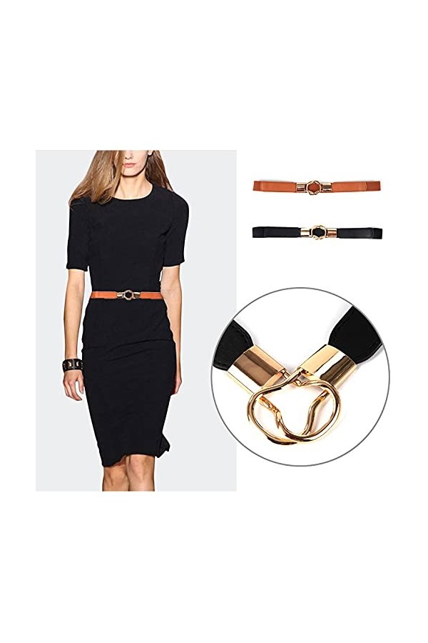 Lot de 2 ceintures élastiques pour femme, taille fine pour robe, manteau, chemisier, marron et noir