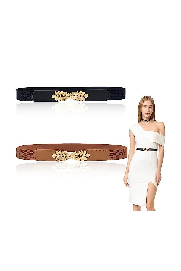uinnossvc Lot de 2 ceintures élastiques pour femme avec boucle en forme de feuille, ceinture pour décoration de robe, ceintur