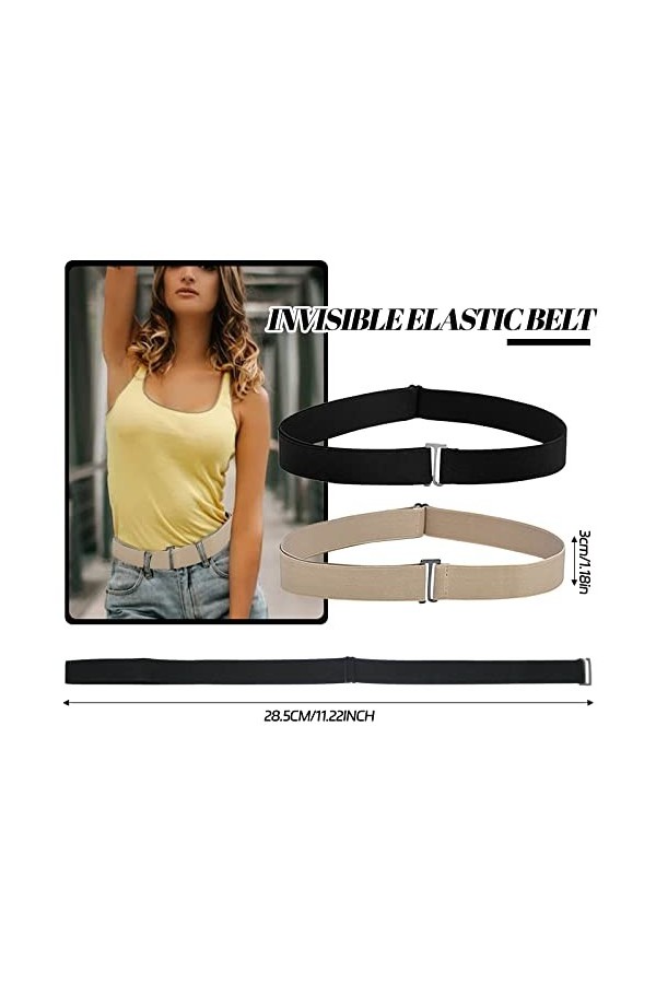 BLMHTWO Lot de 2 ceintures élastiques invisibles réglables sans boucle pour femme avec boucle plate en métal pour jeans, pant