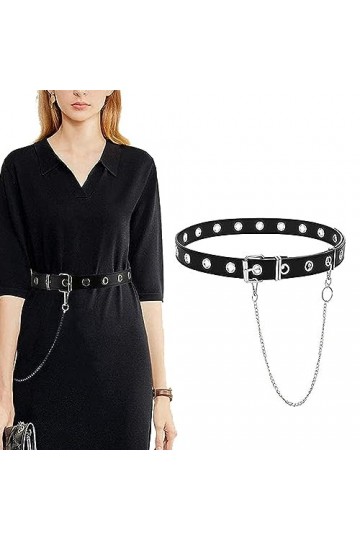 DOYUKY Ceinture Perforée pour Femme, Ceinture En Jean pour Homme, Ceinture Fine En Cuir Pu Noir, Ceinture à Rivets Creux, Cha