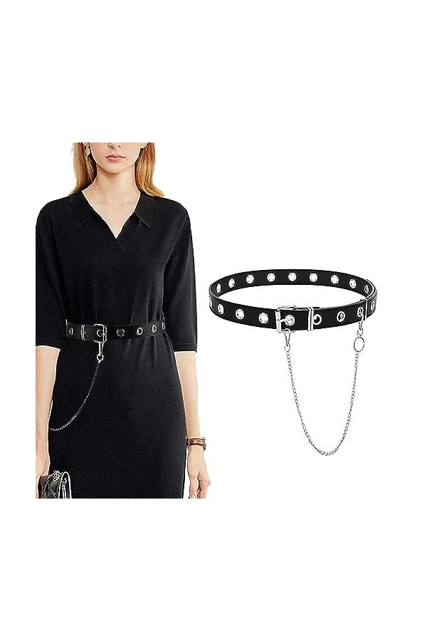 DOYUKY Ceinture Perforée pour Femme, Ceinture En Jean pour Homme, Ceinture Fine En Cuir Pu Noir, Ceinture à Rivets Creux, Cha