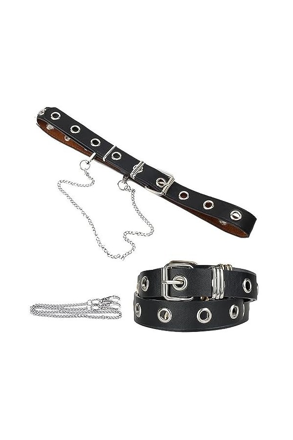 DOYUKY Ceinture Perforée pour Femme, Ceinture En Jean pour Homme, Ceinture Fine En Cuir Pu Noir, Ceinture à Rivets Creux, Cha