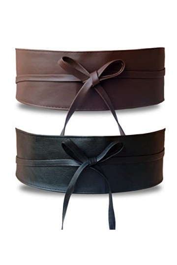 Ceinture large en similicuir souple pour femme - Ceinture Obi pour robe noir et marron 