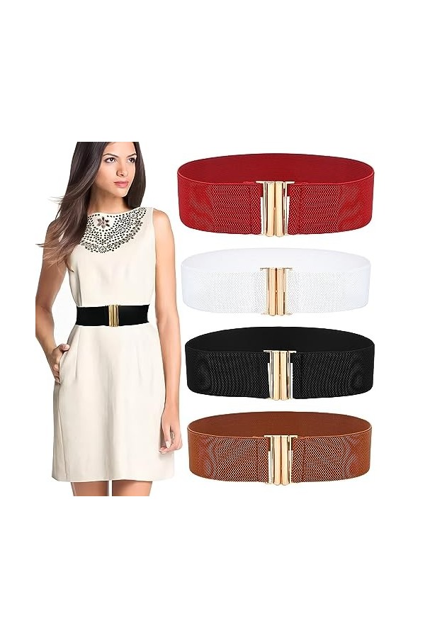 WZYTEU Lot de 4 ceintures élastiques pour femme avec boucle en métal, pour femme et fille 4 couleurs , aucun, keiner