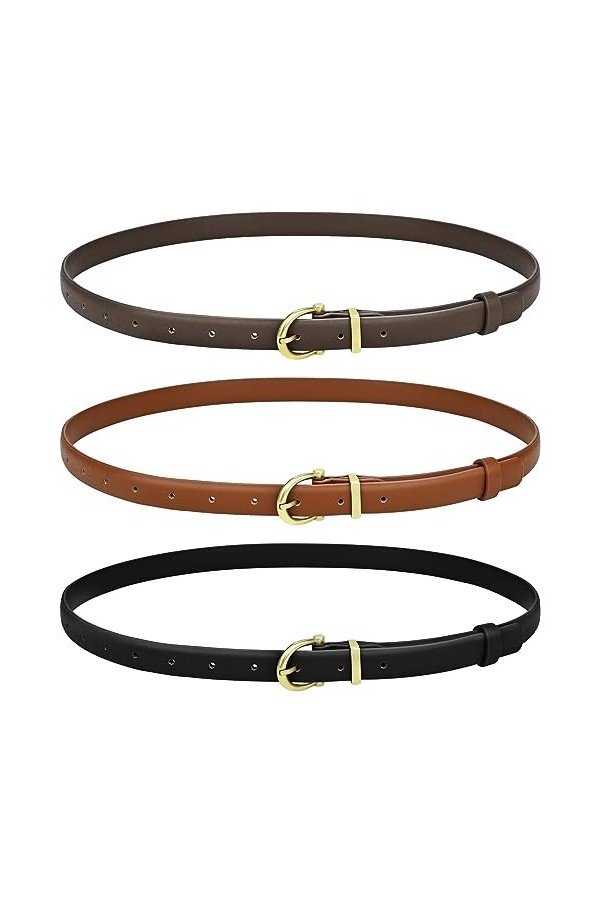 Lot de 3 ceintures en cuir pour femme - Ceinture fine réglable - Avec boucle en alliage doré - Pour robes, pantalons et jeans