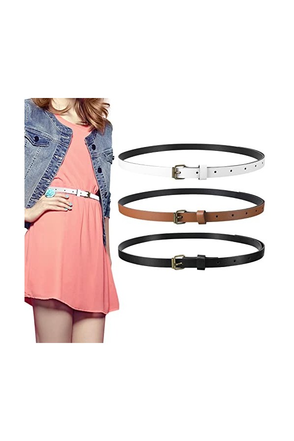 Lot de 3 ceintures pour femme - Ceinture fine en cuir synthétique avec boucle en alliage de bronze - Ceinture dorée pour femm