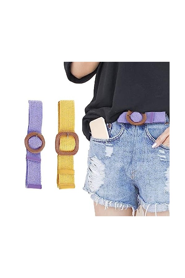 Eterspr 2 Pièces Ceinture de Robe Stretch Tressée, Ceinture de Taille en Paille, Ceinture en Paille Tissée Femme, pour Les Va