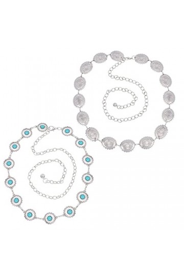 GORGECRAFT 2 Styles Fleur Turquoise Concho Chaîne Ceinture Western Argent Métal Chaîne Ceintures Réglable Synthétique Perlé C