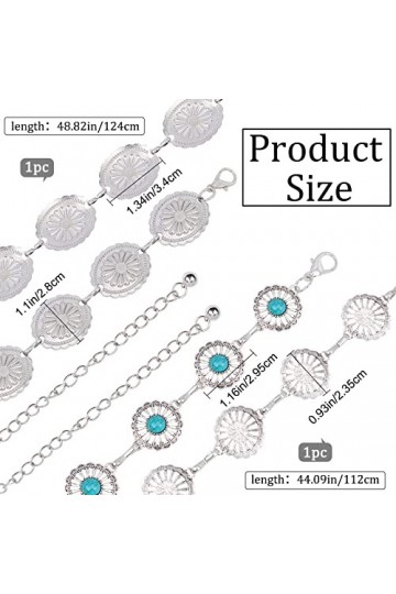 GORGECRAFT 2 Styles Fleur Turquoise Concho Chaîne Ceinture Western Argent Métal Chaîne Ceintures Réglable Synthétique Perlé C