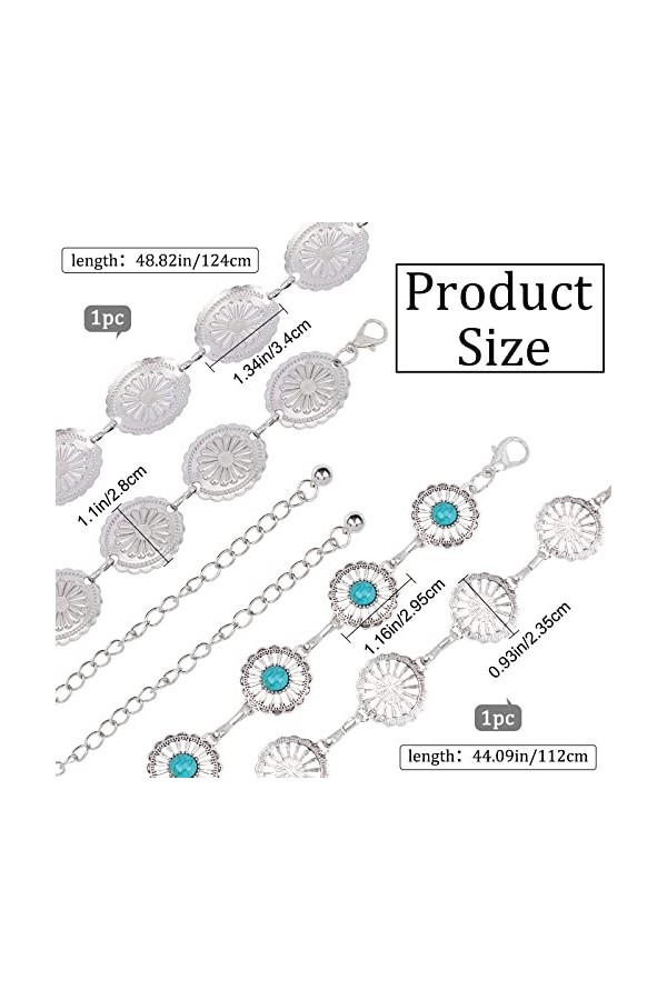 GORGECRAFT 2 Styles Fleur Turquoise Concho Chaîne Ceinture Western Argent Métal Chaîne Ceintures Réglable Synthétique Perlé C