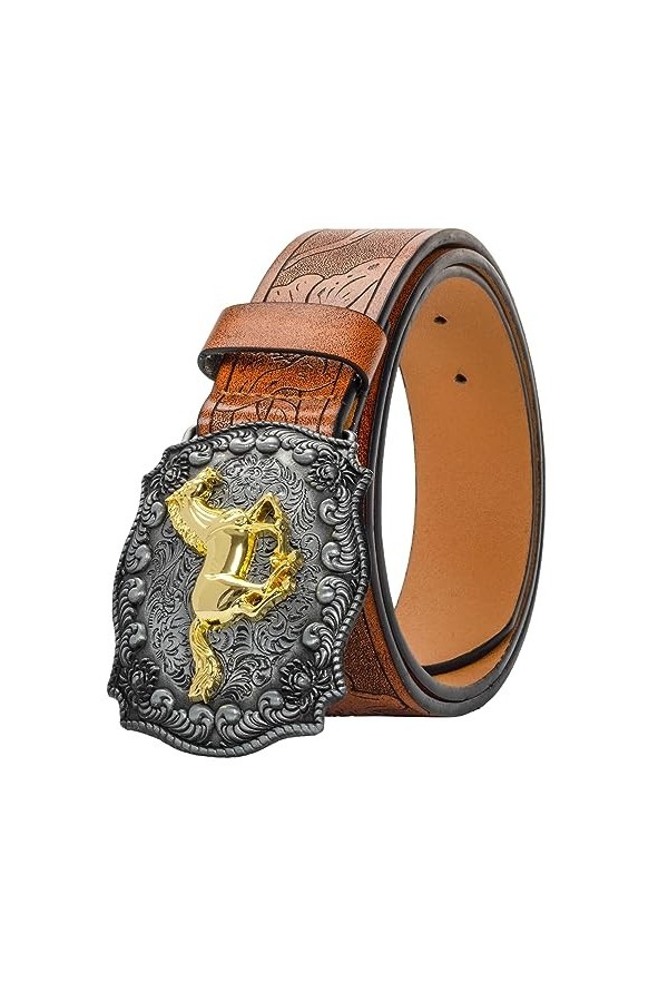 KorhLeoh Ceinture à boucle de cow-boy en cuir occidental pour hommes, femmes, jeans, ceinture à boucle florale gravée avec ch