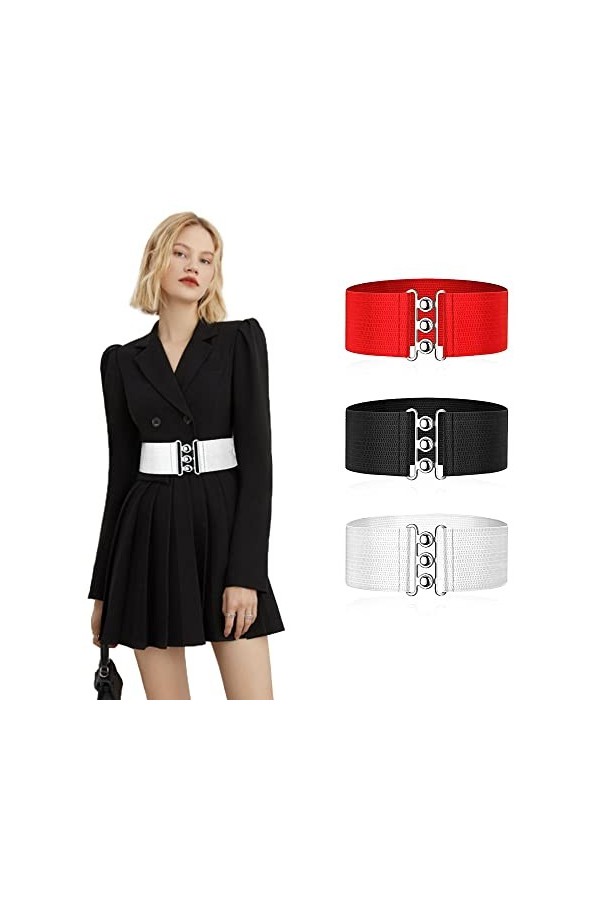Ceinture Elastique Femme Large Ceinture de Taille avec Boucle Vintage Corset Ceinture Cinch pour Robe Lot de 3, Noir Blanc R
