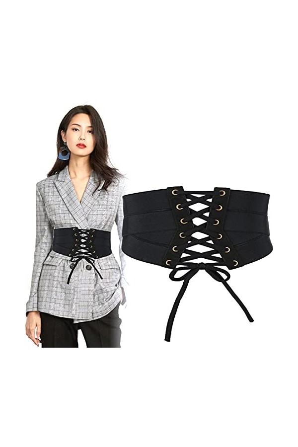 Meschett Ceinture corset noire pour dames,ceinture élastique à lacets à la mode,ceinture large guêpe nouée pour femmes et fil