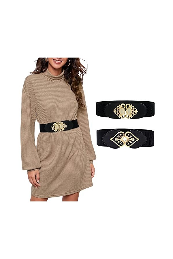 2 Ceinture Elastique Femme Large Vintage Corset Ceinture Cinch Noir Ceinture de Taille avec Boucle pour Robe