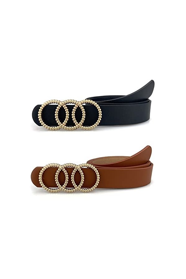 KOEMCY 2 Pièces Ceinture Femme PU Ceinture en Cuir avec Boucle Ronde Classique Ceinture à la Mode Femme pour Jeans & Pantalon