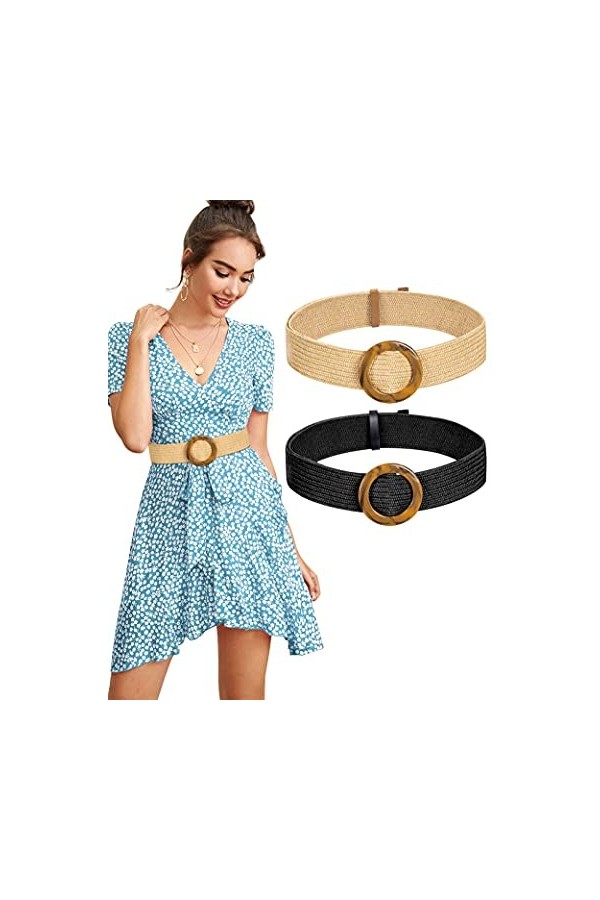 MELLIEX 2 Pièces Ceinture en Paille Tissée Femme Élastique Ceinture de Robe Tressée Boucle Ceinture en Extensible Style Bohêm