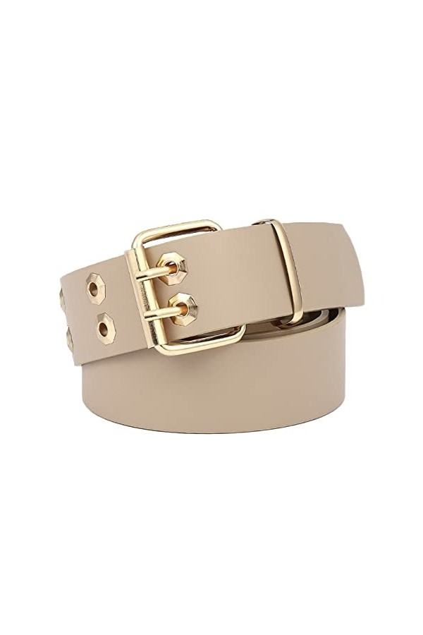 NiceYnn Faux Cuir Ceinture Homme Femme Large 3.7cm Double Aiguille 2 Rangs œil pour Veste Robe Vogue Mariage Soirée Beige