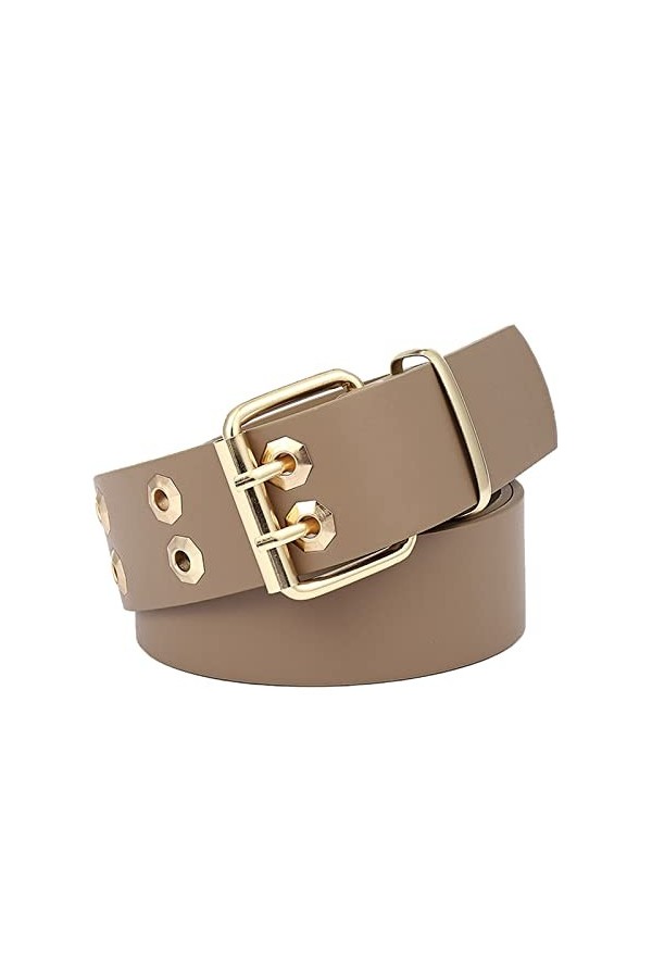 NiceYnn Faux Cuir Ceinture Homme Femme Large 3.7cm Double Aiguille 2 Rangs œil pour Veste Robe Vogue Mariage Soirée Beige