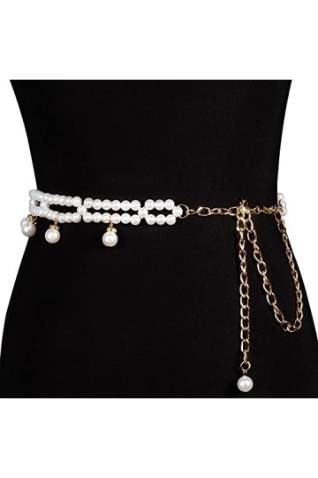 Barry.Wang Ceinture à perles pour femme - Avec strass - Blanc cassé - Cadeau tendance, Pendentif chaîne de perles blanc cassé